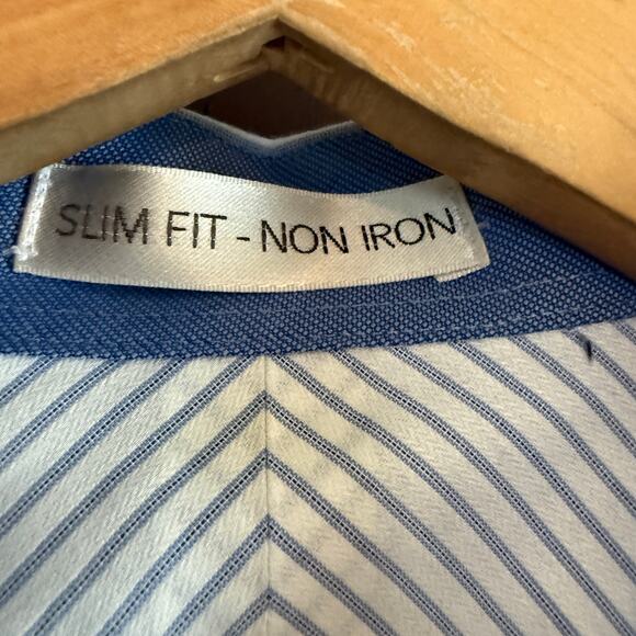 JHANE BARNES | Men's Slim Fit Non-Iron Blue White Striped Button Up Shirt Medium - Picture 3 of 9